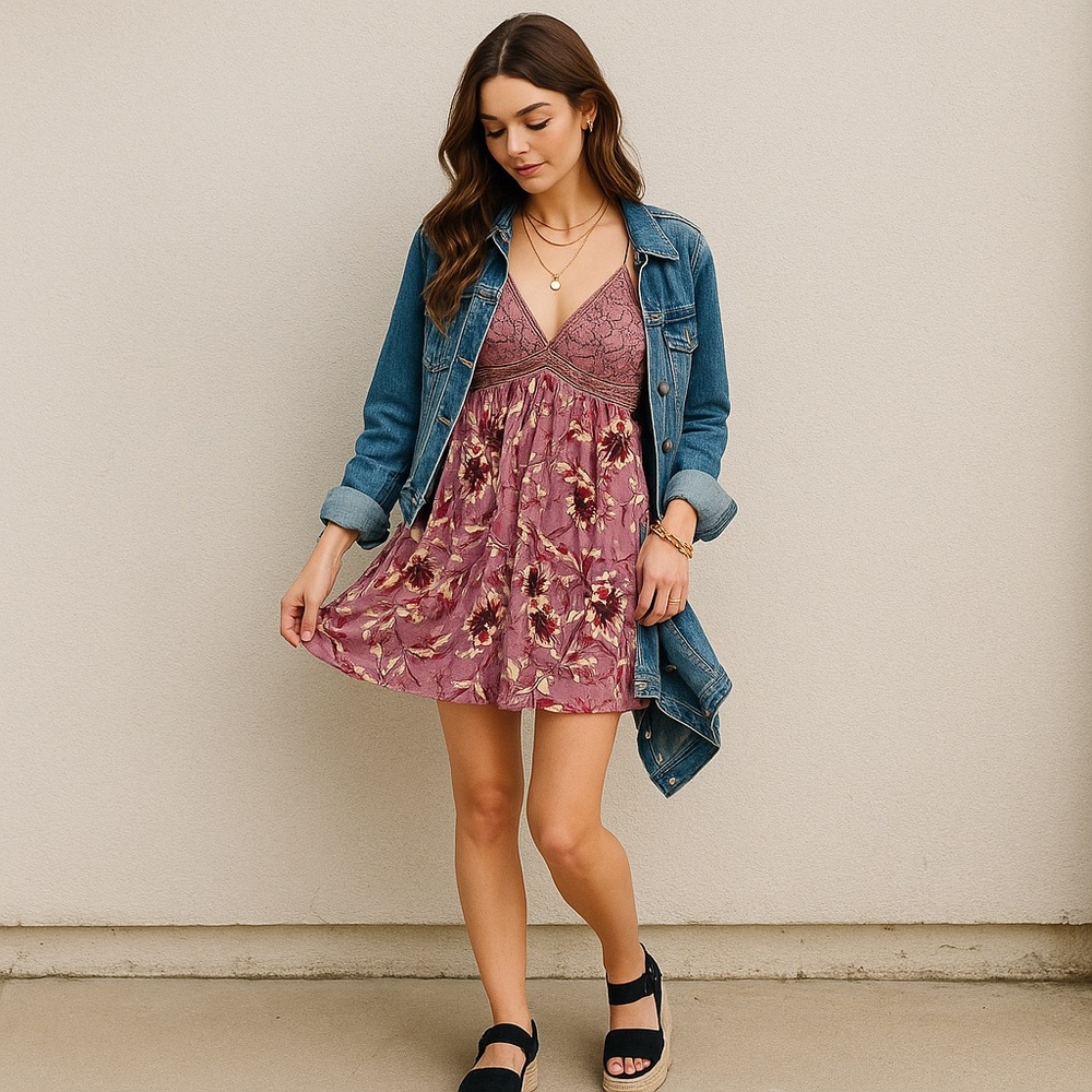 Xhilaration Y2K Floral Embroidered Purple Boho Sundress Criss Cross Straps L